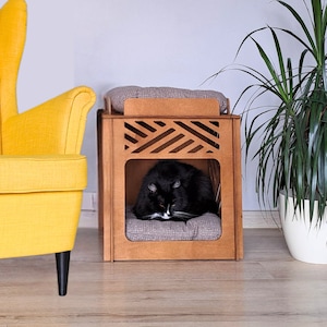 Niche en bois pour chat, armoire pour animal de compagnie, lit en bois pour chien, meubles de luxe pour animal de compagnie sur 2 étages, maison en cube pour animal de compagnie, lit surélevé pour animal de compagnie
