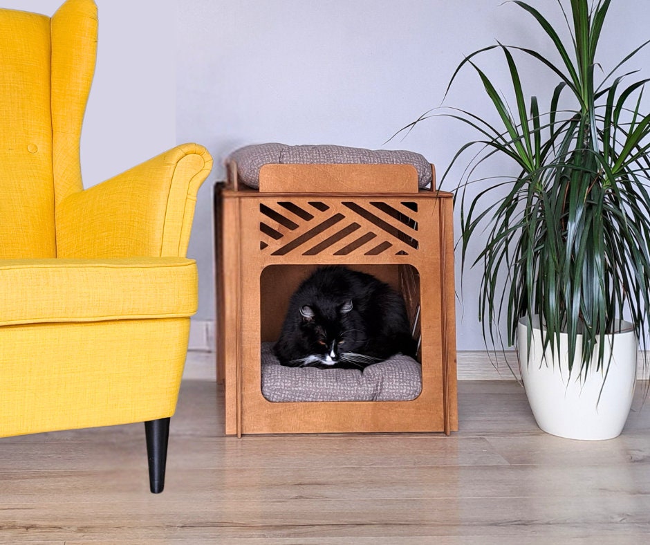 Wooden cat house, pet cabinet, wood dog bed, 2 floor luxury pet furniture, cube cat house, elevated pet bed
