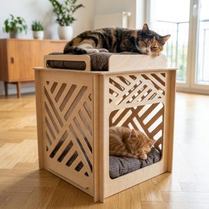 以下が含まれることがあります： 幾何学模様の木製キャットハウス。2匹の猫が中で休んでおり、1匹は上、もう1匹は中にいます。猫が寝るための柔らかいクッション付きベッドがあります。