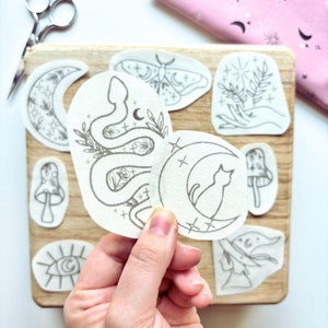 Witchy Halloween Stick and Stitch Embroidery Patterns, Celestial Peek and Stick Transfer Patch, Spook Hand Embroidery Designs, Witch Pack