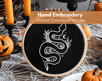Snake Hand Embroidery Image, Celestial Hoop Art, Halloween Embroidery Image for Beginners, Spooky Embroidery PDF , Snake Embroider