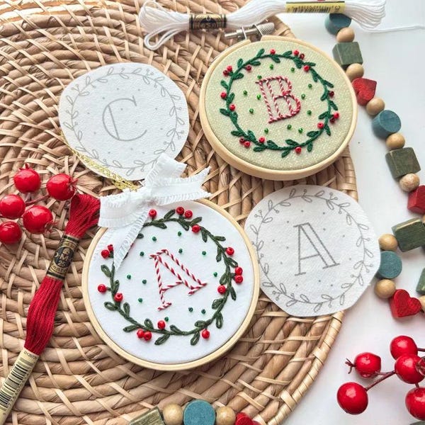 Embroidery Ornament Kit, Stick and Stitch Letters, Personalized Christmas Embroidery Pattern, Handmade Holiday Craft Kit for Kids & Adults