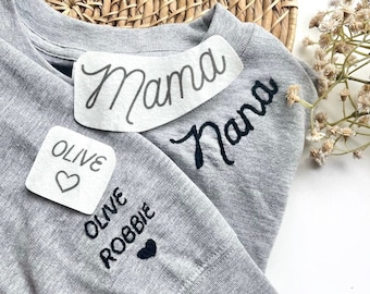 Name Stick and Stitch, Mama Sweatshirt Embroidery Kit, Personalized Grandma Kids Names, DIY Mom Sweatshirt, Heart on Sleeve Embroidery Gift