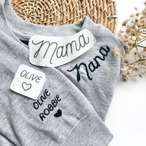DIY Embroidery Sweatshirt Grandma Kids Names Hand Embroidery DIY Personalized Mom Giftful Mama Sweatshirt Heart on Sleeve EmbroideryGift