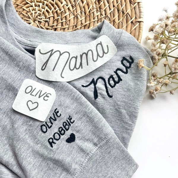 Name Stick and Stitch, Mama Sweatshirt Embroidery Kit, Personalized Grandma Kids Names, DIY Mom Sweatshirt, Heart on Sleeve Embroidery Gift