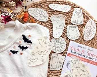 Retro Halloween Stick and Stitch Embroidery Pack, Ghost Stick and Stitch Embroidery for Beginners, Bat Stick on Embroidery Pattern Transfer