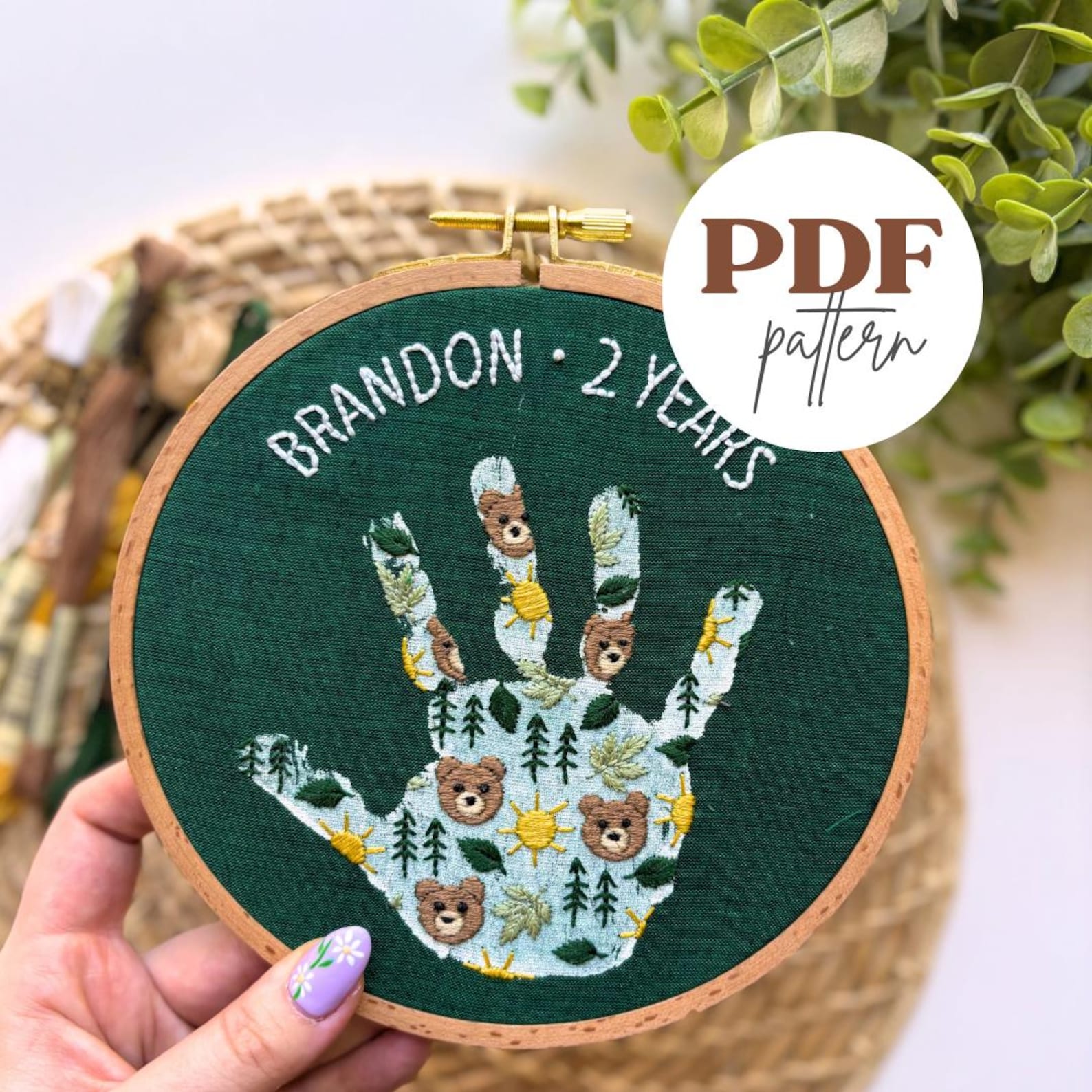 Two Handprint Pattern Bear Handprint Keepsake, Kids Embroidery PDF Pattern, Handprint ...