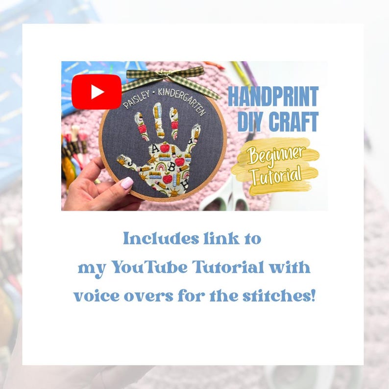 May include: A circular wooden embroidery hoop containing dark fabric with a handprint applique featuring school-themed patterns, including apples, pencils, and rainbows. The text PAISLEY KINDERGARTEN is stitched above the handprint.