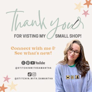 May include: A light gray sweatshirt featuring three small square embroidered patches of a bat, a pumpkin, and a black cat. The image includes text: Thank you for visting my small shop! Connect with me & See what's new! @STITCHINWITHSAMANTHA @STITCHIN.WITH.SAMANTHA.