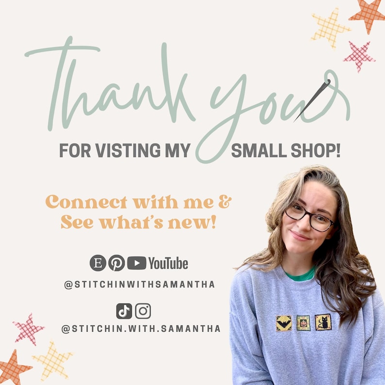 May include: A light gray sweatshirt featuring three small square embroidered patches of a bat, a pumpkin, and a black cat. The image includes text: Thank you for visting my small shop! Connect with me & See what's new! @STITCHINWITHSAMANTHA @STITCHIN.WITH.SAMANTHA.