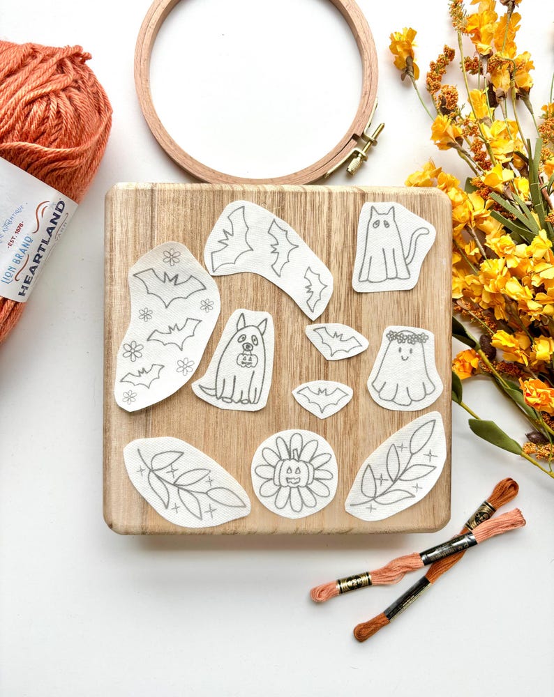 Halloween Stick and Stitch Embroidery Pack, Ghost Stick and Stitch Embroidery for Beginners, Bat Stick on Embroidery Pattern Transfer Patch