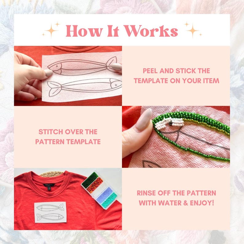 May include: How to use a fabric transfer sheet to create a beaded embroidery design on a red t-shirt. The steps are: 1. Peel and stick the template on your item. 2. Stitch over the pattern template. 3. Rinse off the pattern with water and enjoy!