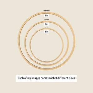 May include: Three wooden embroidery hoops, 6 inches, 7 inches, and 8 inches in diameter.