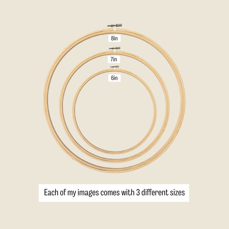 May include: Three wooden embroidery hoops, 6 inches, 7 inches, and 8 inches in diameter.