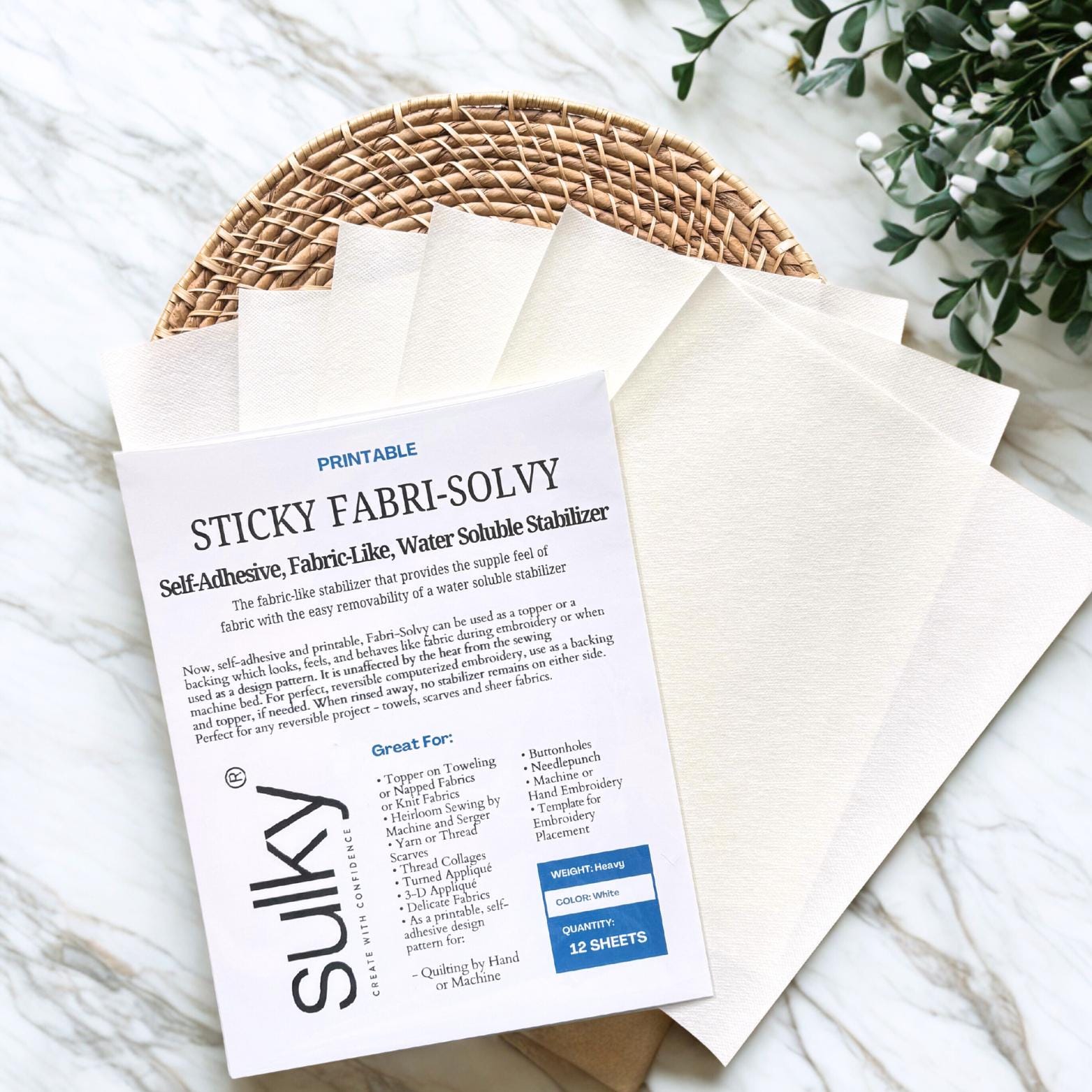 Sulky Fabri Solvy Printable Stabilizer, Stick and Stitch Paper, Embroidery Transfer Patches, Water-Soluble Fabric Stabilizer Sheets