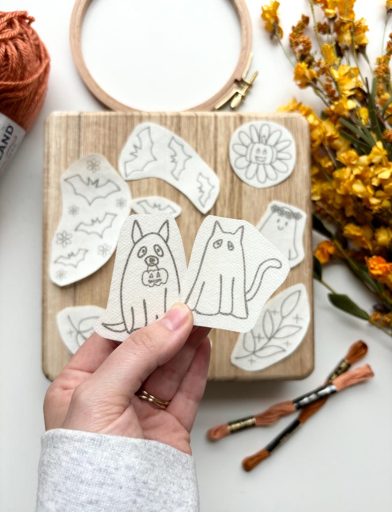 Halloween Stick and Stitch Embroidery Pack, Ghost Stick and Stitch Embroidery for Beginners, Bat Stick on Embroidery Pattern Transfer Patch