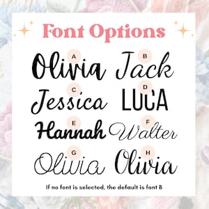 May include: Font options for a name, with eight different styles labeled A through H. The text "Olivia Jack" is shown in font B, which is the default font if no other font is selected.