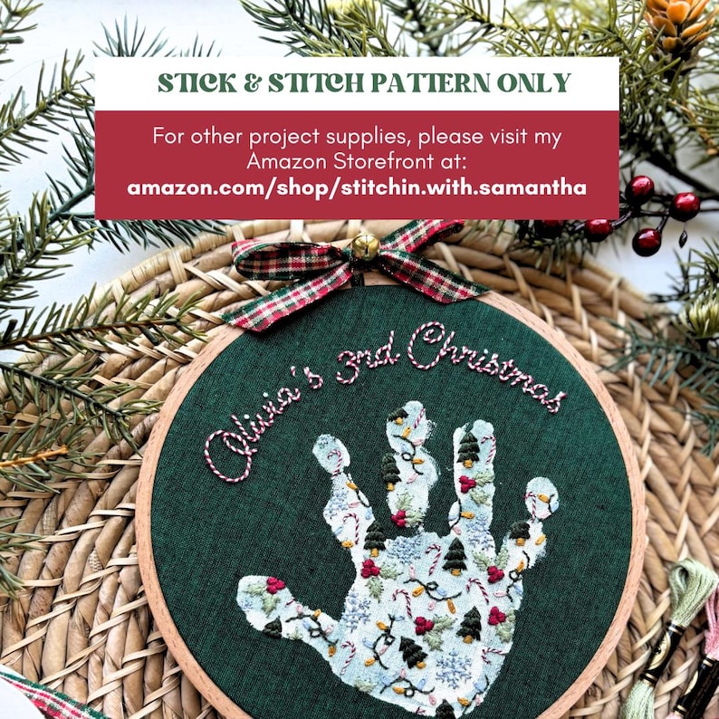 Bordado navideño con huellas de manos, manualidades para niños con huellas de manos, transferencia a bastidor de bordado, regalo navideño DIY, manualidades de costura para recién nacidos imagen 2