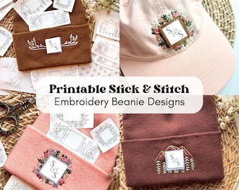Beanie Embroidery Printable Stick and Stitch Designs, Hand Embroidered Logo Border Hat Pattern, Clothing Digital Embroidery Print Designs