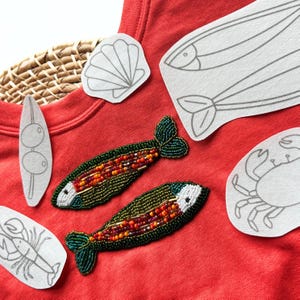 Fish Stick and Stitch Hand Embroidery Design, Fisherman Aesthetic Embroidery, Coastal Stick Stitch Bead Embroidery Patterns, Olives, Lobster image 7