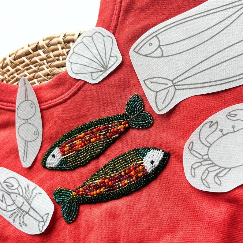 Fish Stick and Stitch Hand Embroidery Design, Fisherman Aesthetic Embroidery, Coastal Stick Stitch Bead Embroidery Patterns, Olives, Lobster image 7