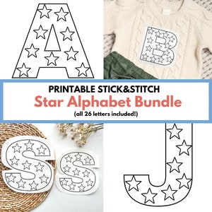 Alfabeto de estrellas para bordar a mano con puntadas y palillos, letras para descargar con bordados patrióticos, suéteres bordados a mano, diseños de bordado del 4 de julio