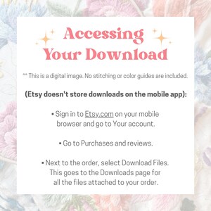 Pode incluir: Um gr&aacute;fico rosa e branco com o texto "Accessing Your Download" e instru&ccedil;&otilde;es sobre como acessar downloads digitais do Etsy.com em um dispositivo m&oacute;vel.