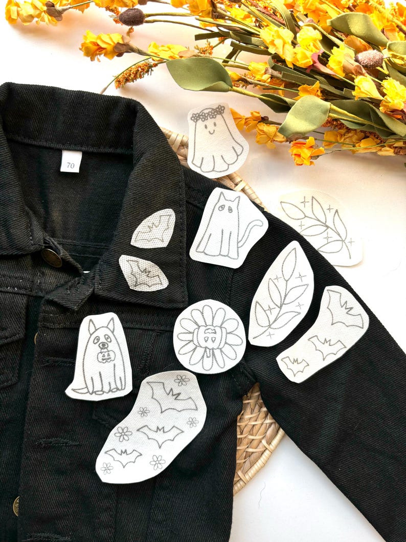 Halloween Stick and Stitch Embroidery Pack, Ghost Stick and Stitch Embroidery for Beginners, Bat Stick on Embroidery Pattern Transfer Patch