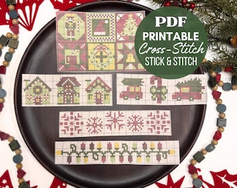 PDF-mönsterpaket med korsstygn för jul, direkt nedladdning och utskrivbar, handarbete med stick-and-stygn-motiv för jul, vattenlösligt broderi