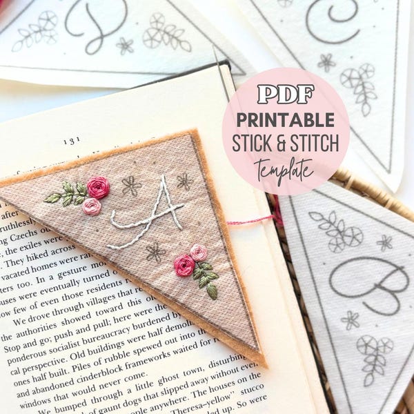 Personalized Letter Bookmark Print Stick and Stitch Embroidery Designs, Custom Printable Monogram Bookmark, DIY Personalized Reading Gifts