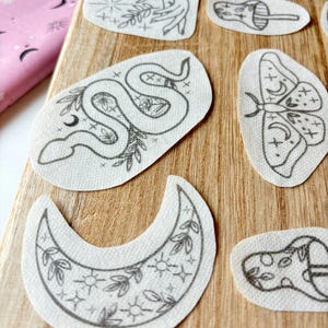 Witchy Halloween Stick and Stitch Embroidery Patterns, Celestial Peek and Stick Transfer Patch, Spook Hand Embroidery Designs, Witch Pack