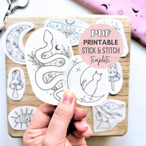 Celestial Embroidery Patterns, Witch Stick and Stitch Designs, Hand Embroidery Halloween Transfers, Whimsical Embroiderie Printable Stickers