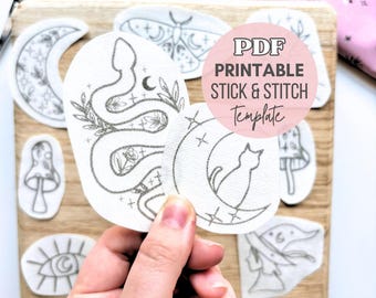 May include: A collection of white stick and stitch embroidery templates featuring black line art designs including a snake, a cat on a crescent moon, a mushroom, a moth, and an eye. The text PDF PRINTABLE STICK & STITCH Template is visible.