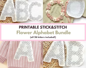 Alphabet HandEmbroidery Bundle Downloadable Embroidery Patterns DIY Baby Sweater Printable Flower Stick and Stitch Embroidered Sweater