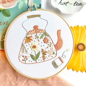 Embroidery PDF Pattern Tea Kettle Step By Step Embroidery Pattern Floral Embroidery Hoop Pattern Flowers Sewing Pattern Digital Download