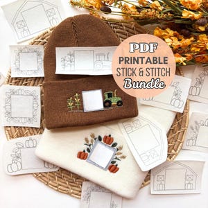 May include: A brown and cream beanie hat with embroidered autumn designs, including a tractor, corn stalks, and pumpkins. The image also features printable stick and stitch bundle designs with barn and pumpkin motifs.