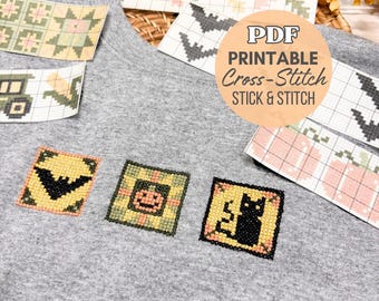 Höstkorsstygnsmönster i PDF-format, direkt nedladdning och utskrivbar, Stick and Stitch Halloween-mönster, vattenlösligt broderi