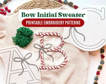 PDF Embroidered Bow Sweater, Digital Letter Stick and Stitch Embroidery Bow Alphabet Pattern, Initial Embroidered Knit Sweater PDF Templates