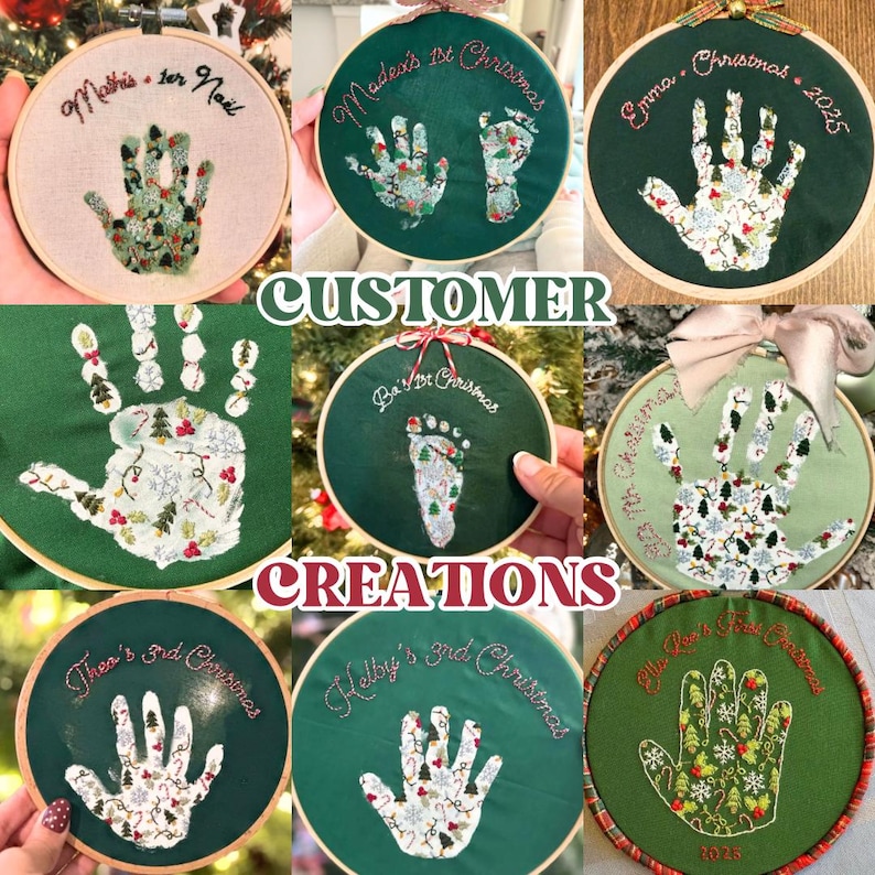 Bordado navideño con huellas de manos, manualidades para niños con huellas de manos, transferencia a bastidor de bordado, regalo navideño DIY, manualidades de costura para recién nacidos imagen 10