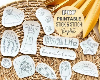 May include: A collection of white stick and stitch embroidery templates featuring nautical designs including a whale, lighthouse, jellyfish, seashells, starfish, surfboard, popsicle, and sun, with text reading PDF PRINTABLE STICK & STITCH Template.