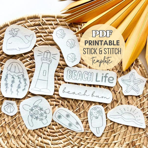 Beach Stick and Stitch Embroidery, Printable Summer Hand Embroidery Deisgns, Beach Stick Stitch Print Sheet, Embroidery Digital Download