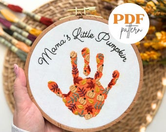 Recuerdo de otoño con huella de mano, patrón de bordado en PDF para niños, manualidad imprimible con huella de mano, regalo significativo de otoño, tutorial para hacer huellas de mano.