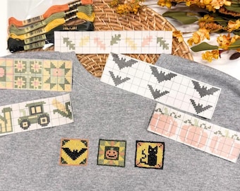Fall Cross Stitch Pack, Stick and Stitch, Halloween Clothing Patterns, Water Soluble Embroidery, Autumn CrossStitch Designs
