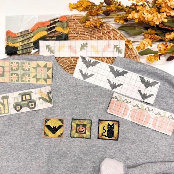 Fall Cross Stitch Pack, Stick and Stitch, Halloween Clothing Patterns, Water Soluble Embroidery, Autumn CrossStitch Designs