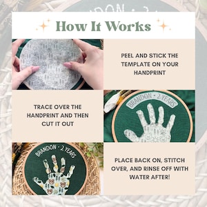 May include: An instructional graphic showing the steps to create a handprint embroidery hoop art. The steps include peeling and sticking a template, tracing the handprint, cutting it out, stitching, and rinsing with water. The finished product is a green hoop with a handprint design and the text "BRANDON 2 YEARS".