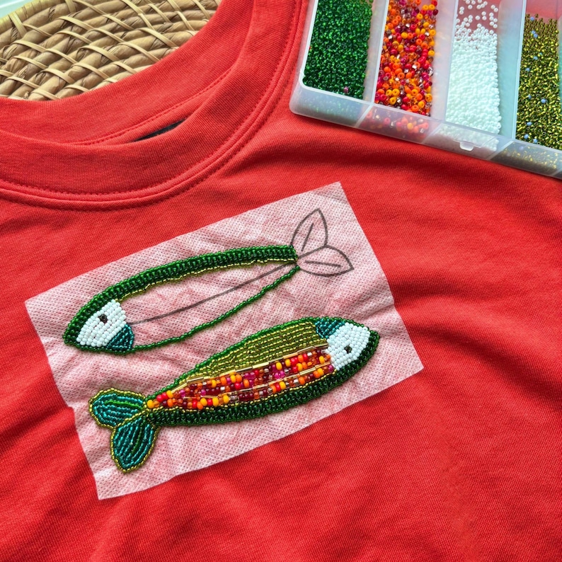 Fish Stick and Stitch Hand Embroidery Design, Fisherman Aesthetic Embroidery, Coastal Stick Stitch Bead Embroidery Patterns, Olives, Lobster image 3