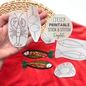 Fish Printable Stick and Stitch Hand Embroidery, Fisherman Aesthetic PDF Embroidery, Coastal Stick Stitch Bead Embroidery Digital Template