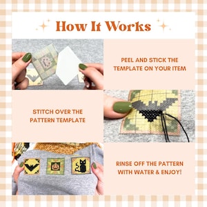 May include: A three-step instructional graphic for a cross-stitch pattern template. The text reads How It Works, Peel and stick the template on your item, Stitch over the pattern template, and Rinse off the pattern with water and enjoy.