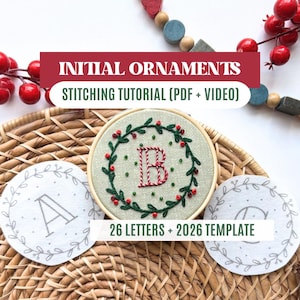 Alphabet, décorations de broderie personnalisées, initiales brodées personnalisées pour sapin de Noël, tutoriel de broderie de lettres à la main en format PDF