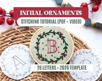 Alphabet Personalized Embroidery Ornaments, Custom Embroidered Initial Christmas Tree Ornaments, Letter Hand Embroidery PDF Pattern Tutorial